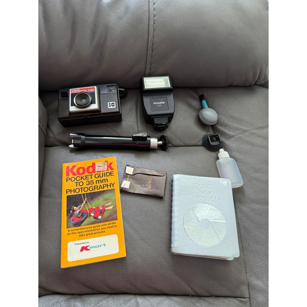 Vintage Kodak Instamatic X-15F Camera Bundle Promaster 600 Flash Tripod Guides